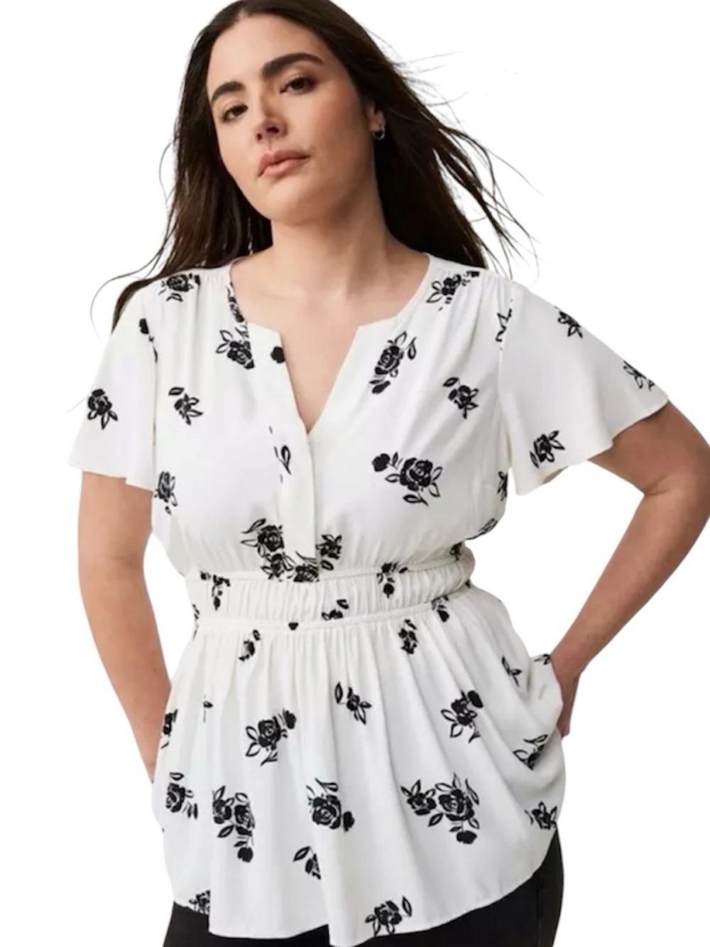 Torrid NWT Georgette Flutter Sleeve Blouse Black & White Floral Size 4 / 4X NEW